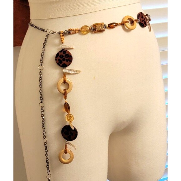 Beaded Belt Glass Acrylic Wood Chain Link Adjustable Silver Tone Leopard Vintage main image 6